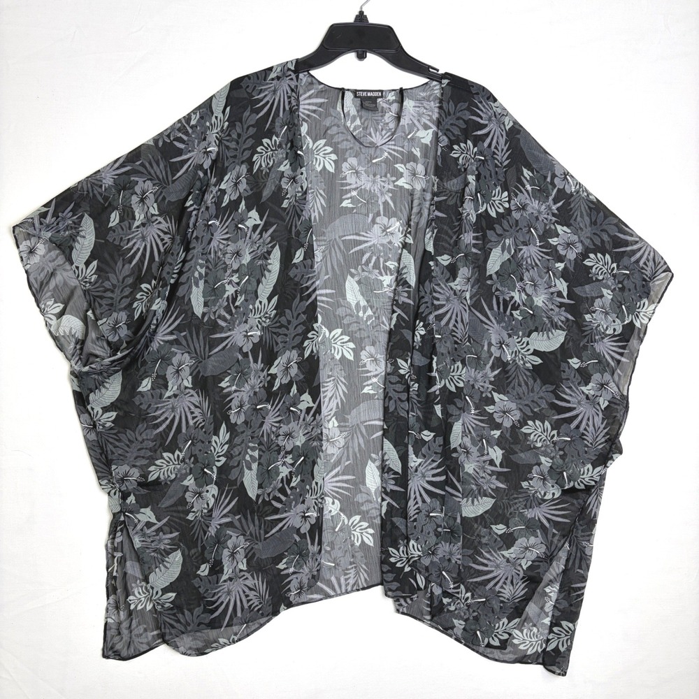 Steve Madden Womens Gray Tropical Floral Kimono Sheer Chiffon Wrap Cover Up